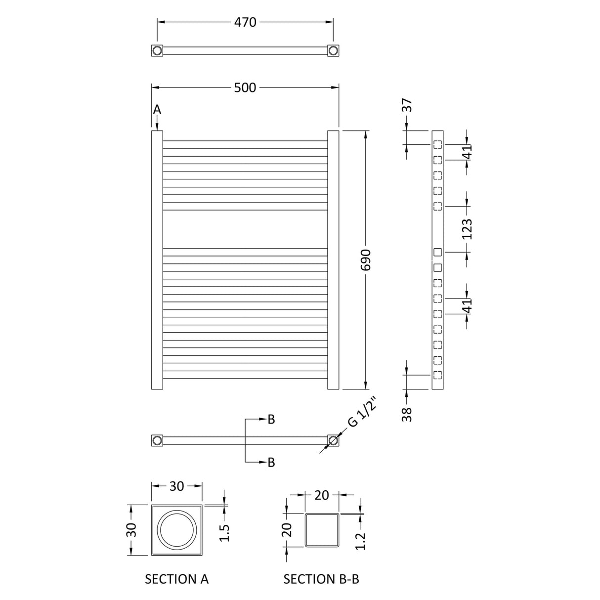 Nuie Ladder Electric Heated Towel Rail - 14 Square Rails - H690 x W500mm Chrome HL150 LD
