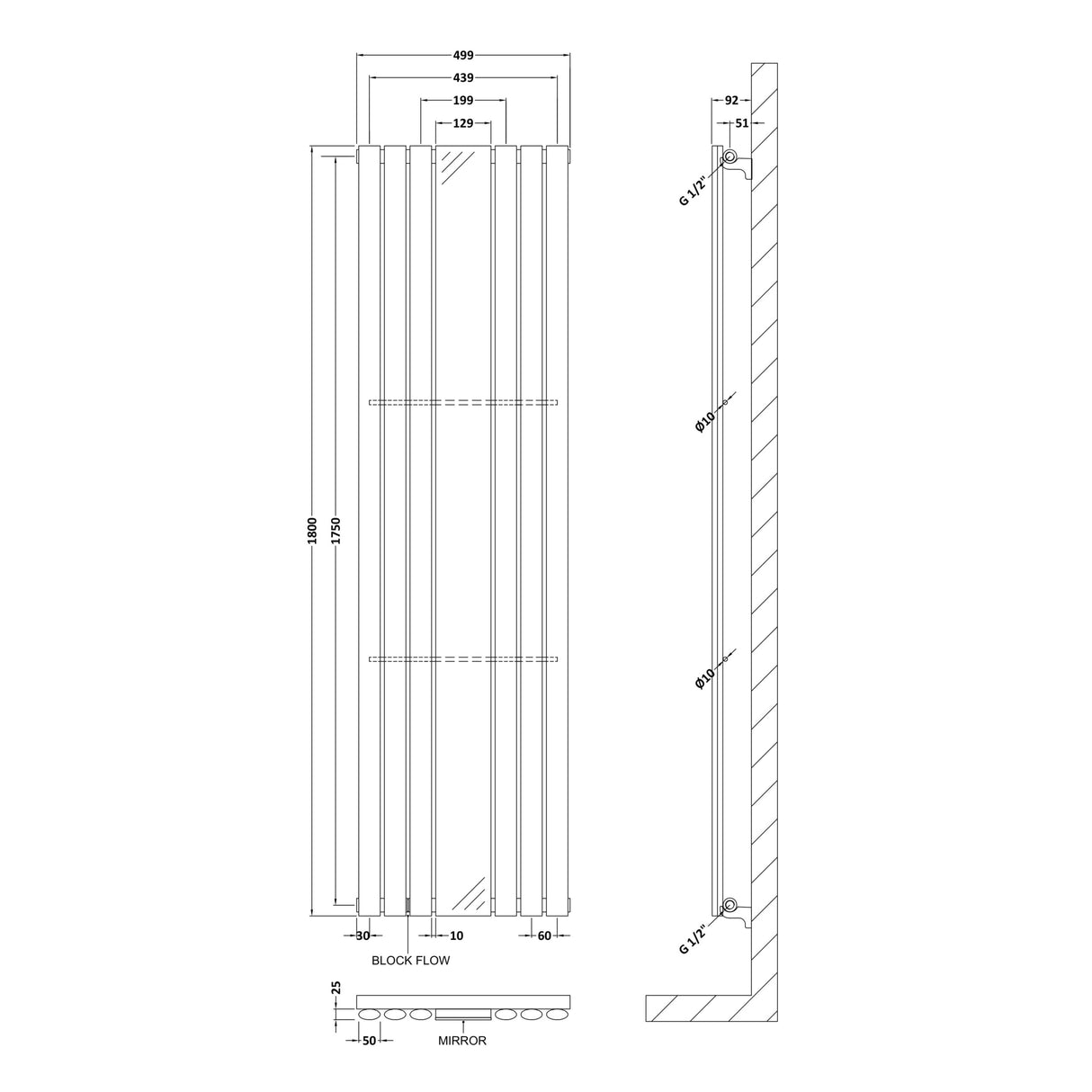 Nuie Revive Designer Vertical Single Panel Radiator With Mirror H1800 x W499mm Gloss White HL330 LD