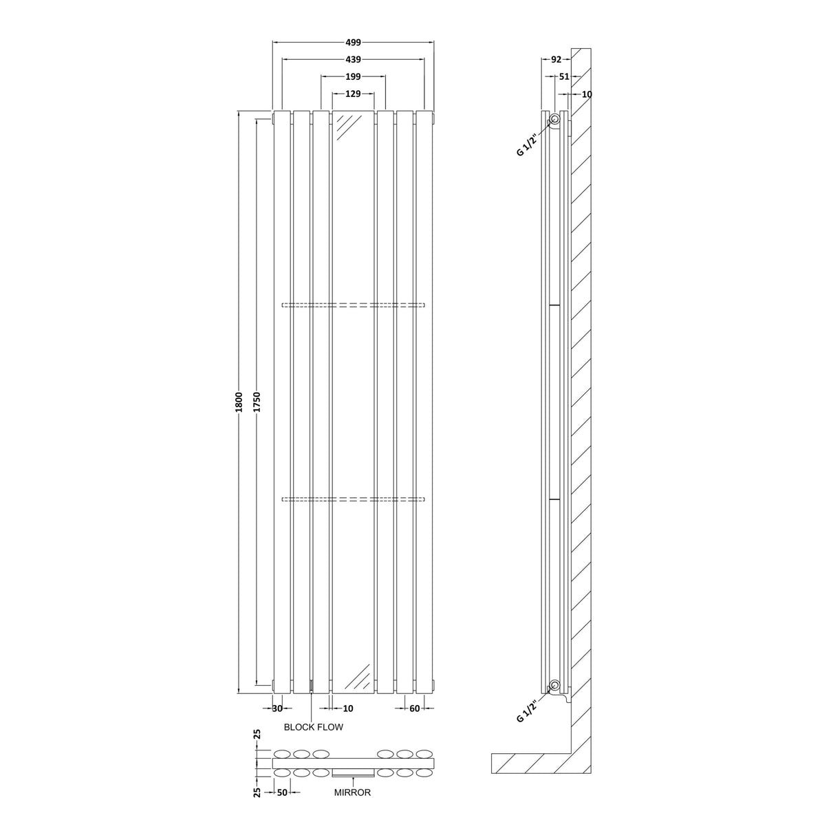 Nuie Revive Designer Vertical Double Panel Radiator With Mirror H1800 x W499mm Gloss White HL331 LD