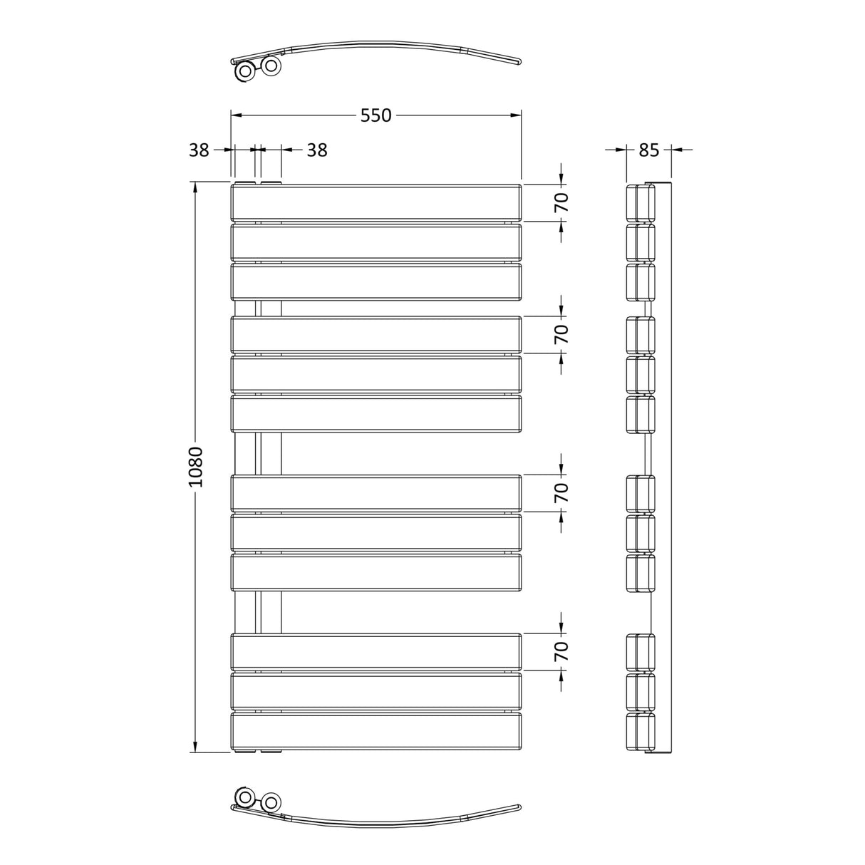Nuie Elgin Designer Heated Towel Rail With Curved Panels H1080 x W550mm Chrome HL336 LD