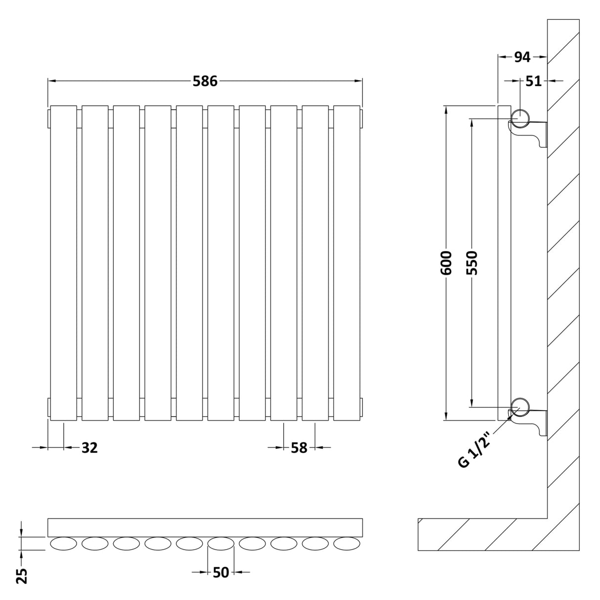 Nuie Revive Designer Horizontal Single Panel Radiator H600 x W586mm Gloss White HL338 LD