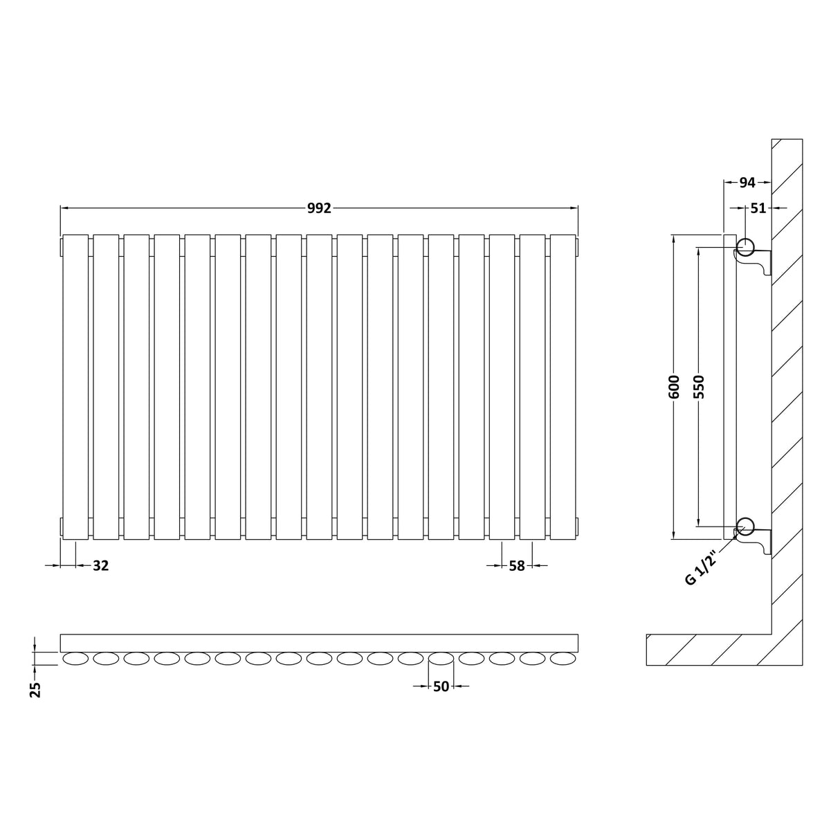 Nuie Revive Designer Horizontal Single Panel Radiator H600 x W992mm Gloss White HL339 LD