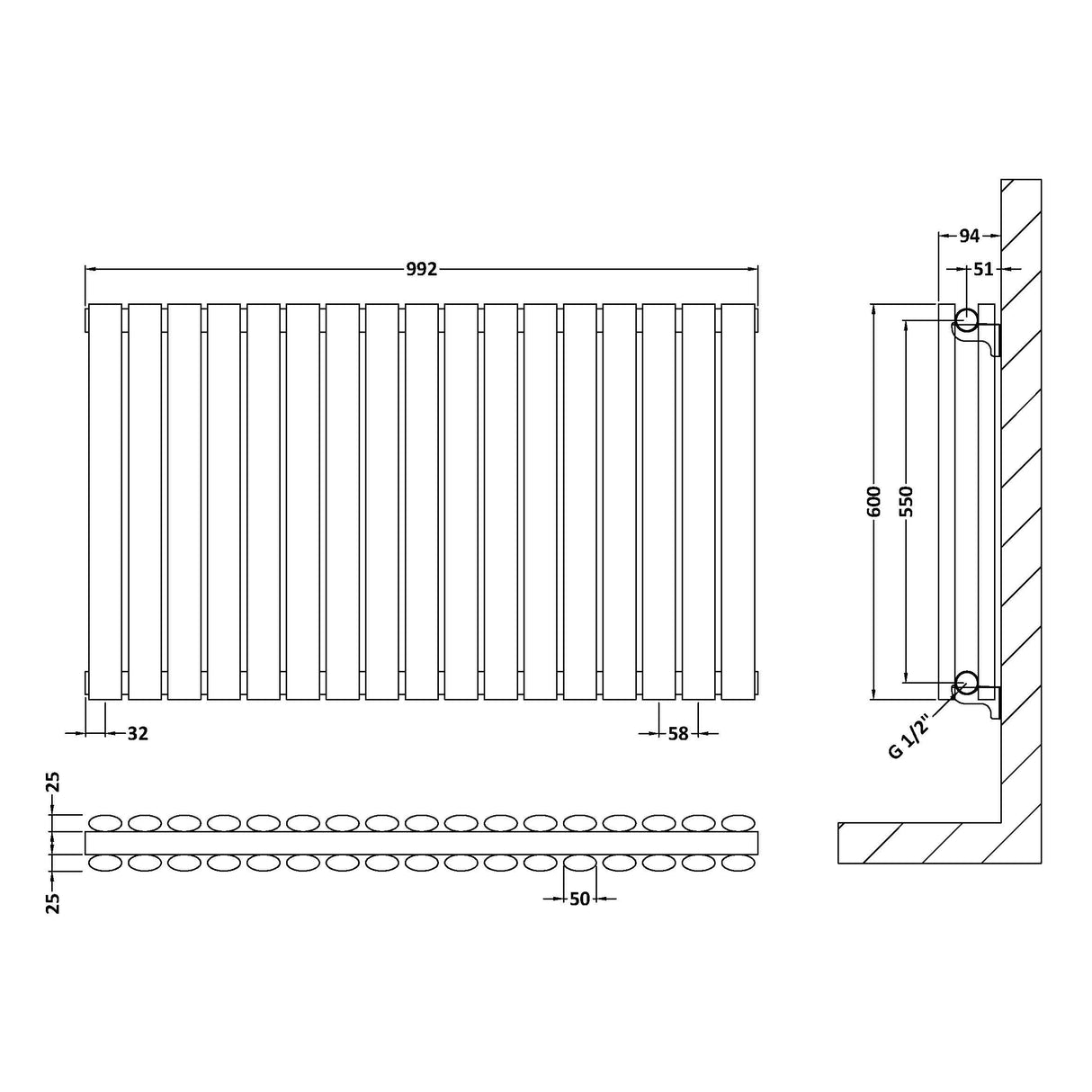 Nuie Revive Designer Horizontal Double Panel Radiator H600 x W992mm Gloss White HL339D LD