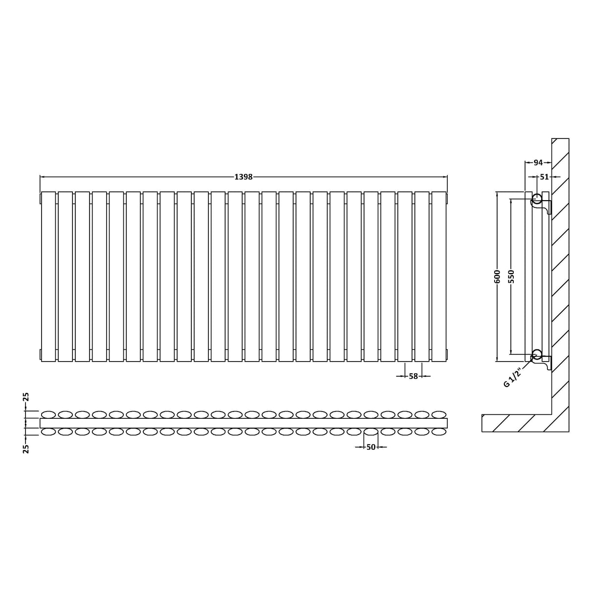 Nuie Revive Designer Horizontal Double Panel Radiator H600 x W1398mm Gloss White HL340D LD