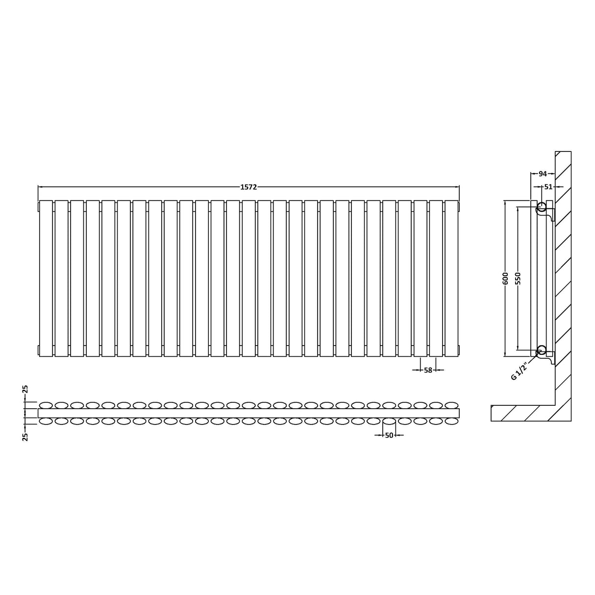 Nuie Revive Designer Horizontal Double Panel Radiator H600 x W1572mm Gloss White HL342D LD