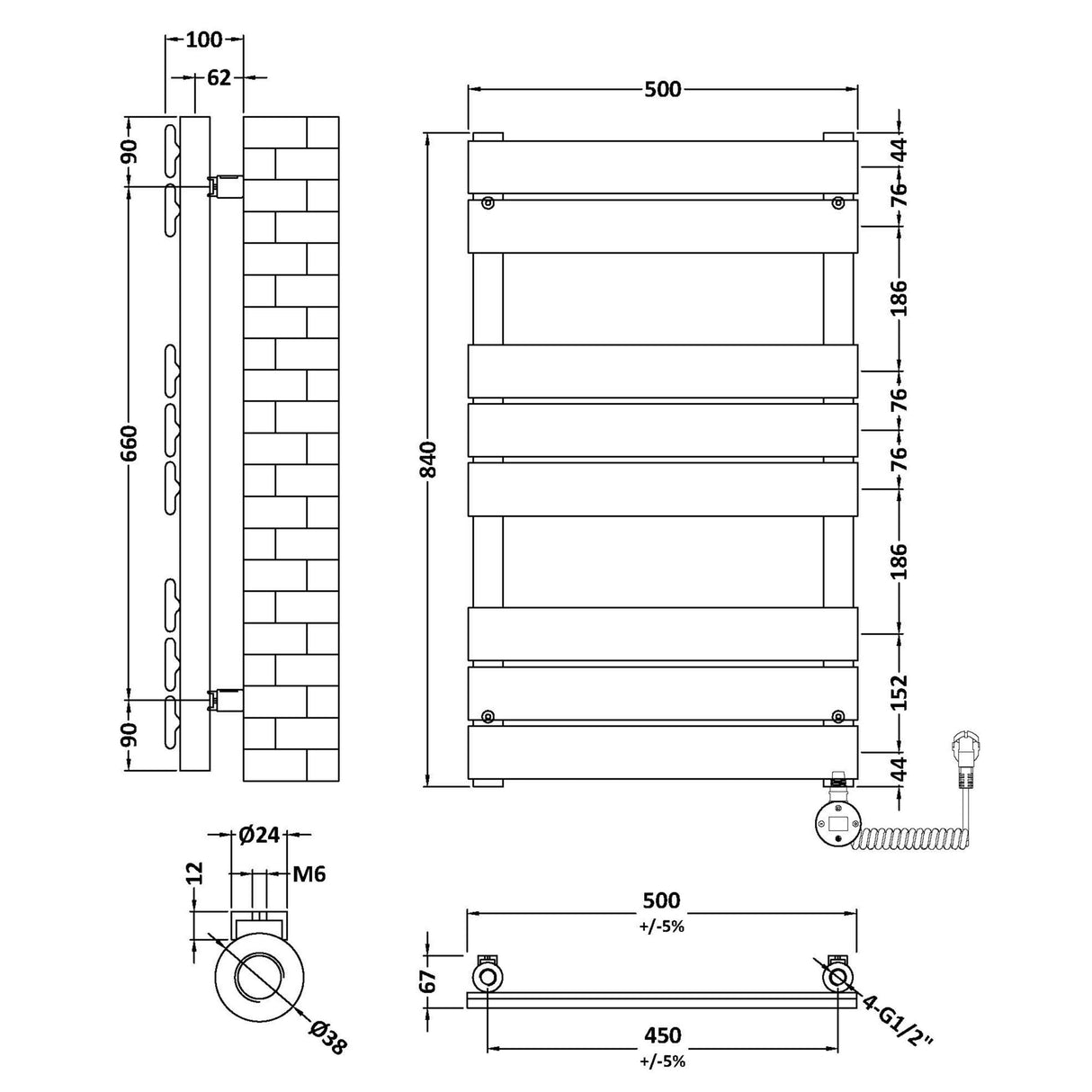 Nuie Flat Panel Electric Heated Towel Rail - 8 Panels - H840 x W500mm Chrome HL358 LD