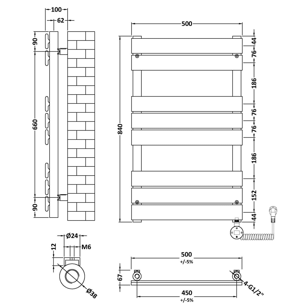 Nuie Flat Panel Electric Heated Towel Rail - 8 Panels - H840 x W500mm Brushed Brass HL858 LD