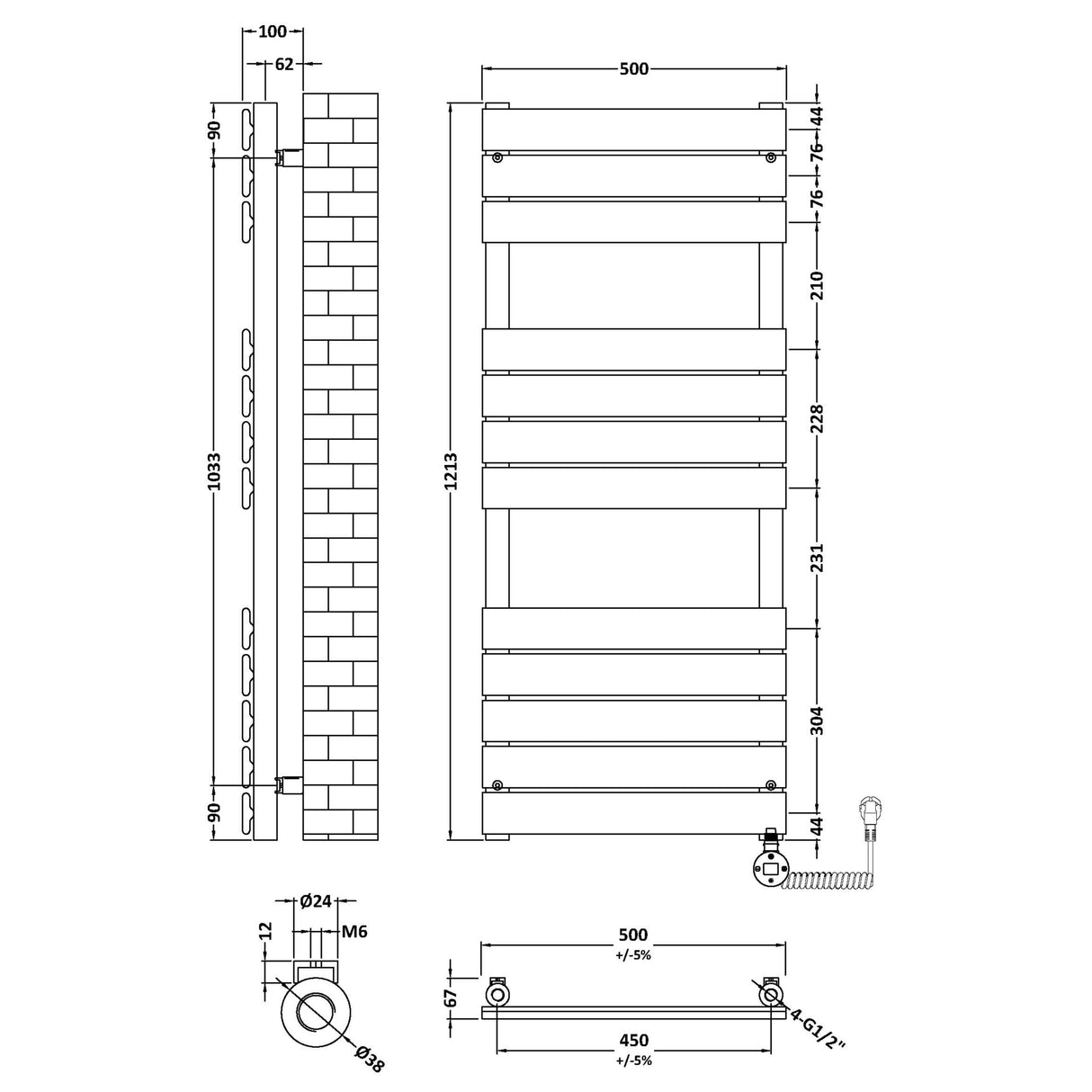 Nuie Flat Panel Electric Heated Towel Rail - 12 Panels - H1213 x W500mm Brushed Brass HL859 LD