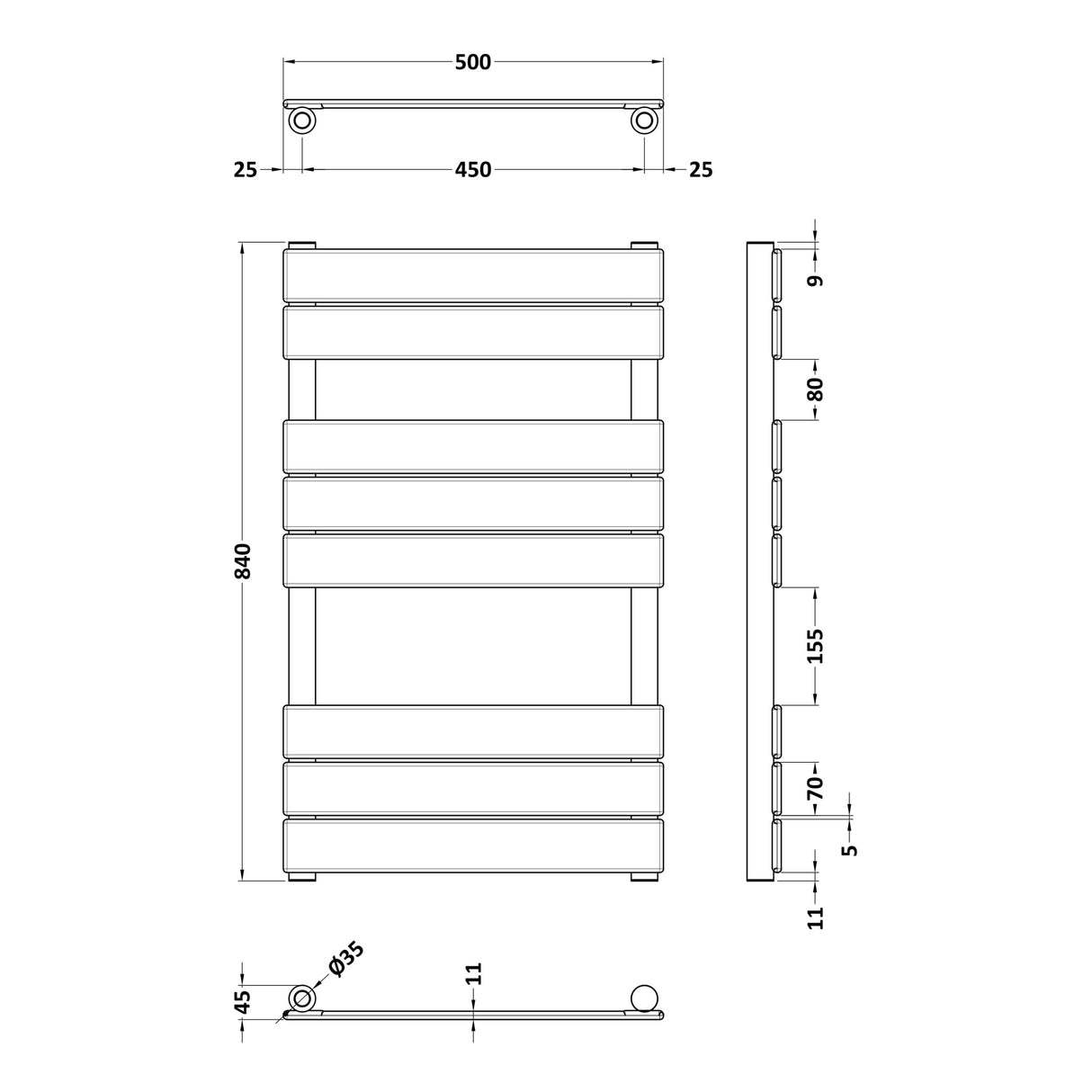Nuie Piazza Vertical Heated Towel Rail With 8 Flat Panels H840 x W500mm Brushed Brass HL882 LD