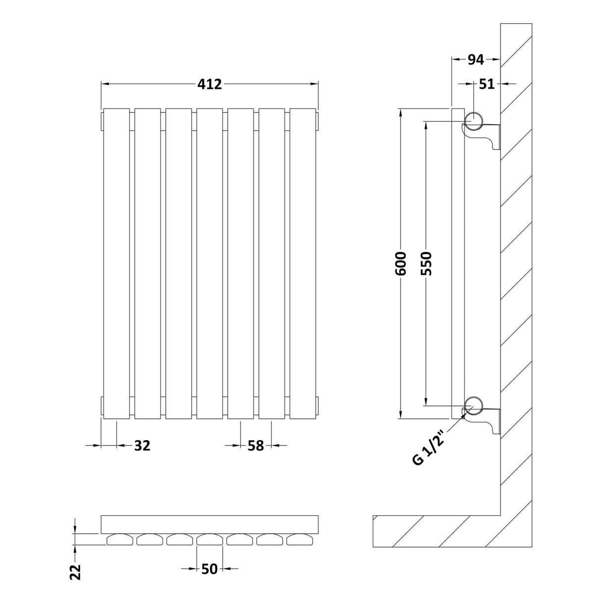 Nuie Sloane Designer Horizontal Single Panel Radiator H600 x W412mm Anthracite HLA54 LD