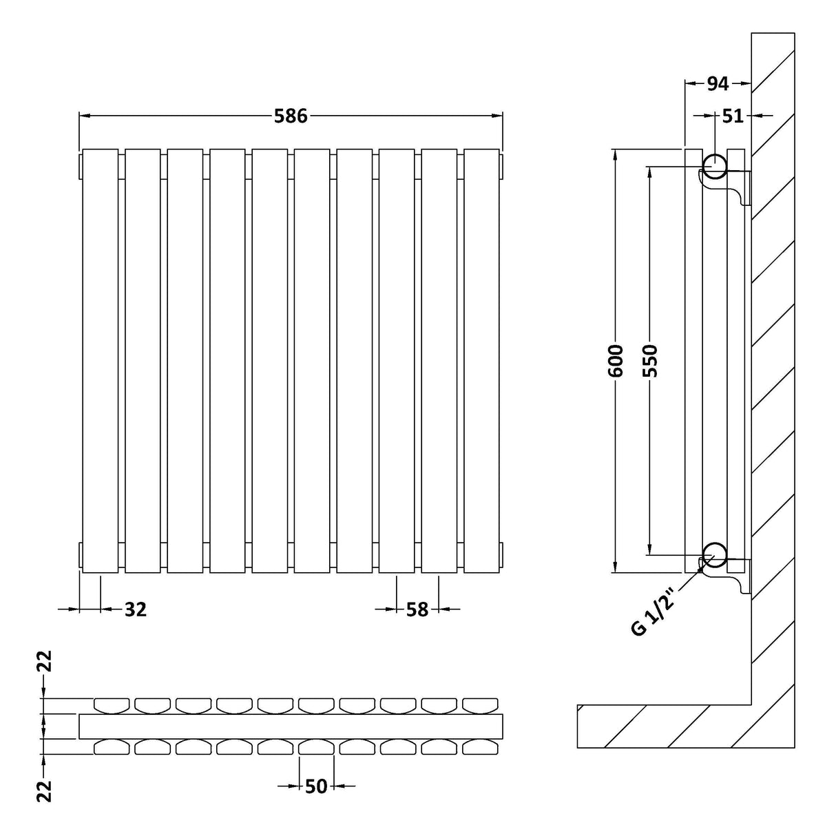 Nuie Sloane Designer Horizontal Double Panel Radiator H600 x W586mm Anthracite HLA55D LD