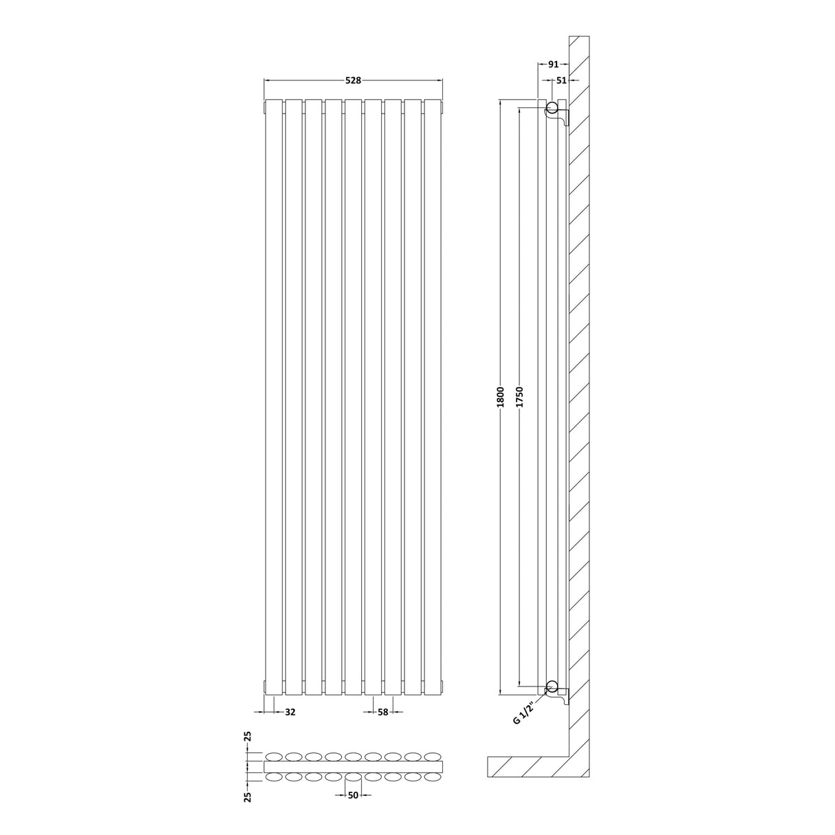 Nuie Revive Designer Vertical Double Panel Radiator H1800 x W528mm Anthracite HLA81 LD