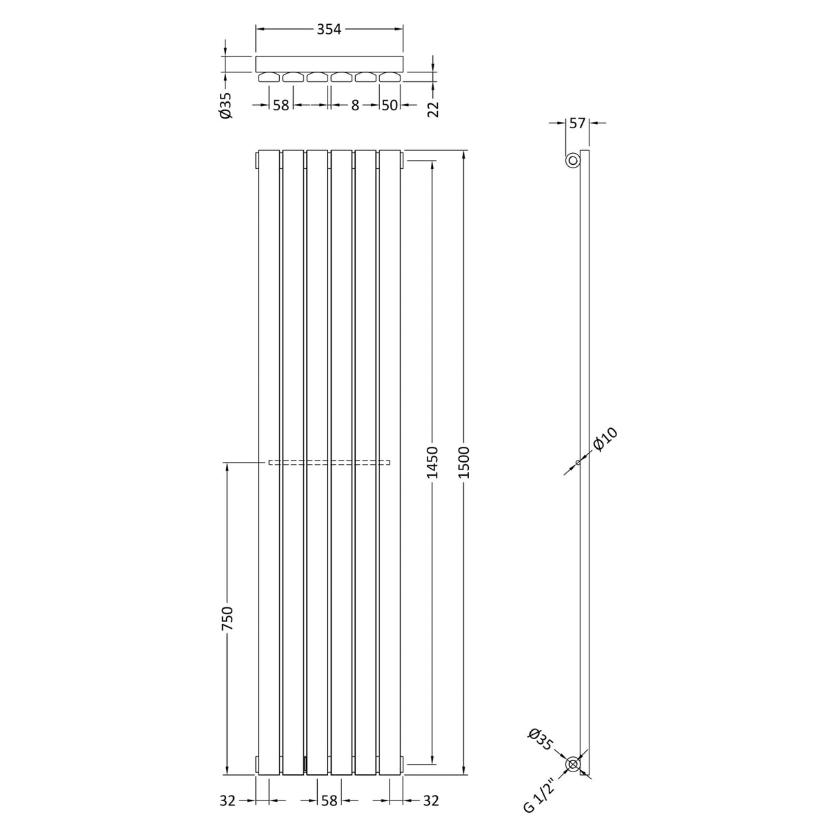 Nuie Sloane Designer Vertical Single Panel Radiator H1500 x W354mm Satin White HLW41 LD