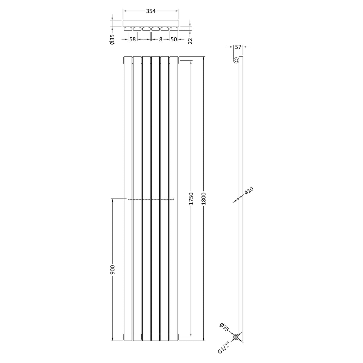 Nuie Sloane Designer Vertical Single Panel Radiator H1800 x W354mm Satin White HLW42 LD