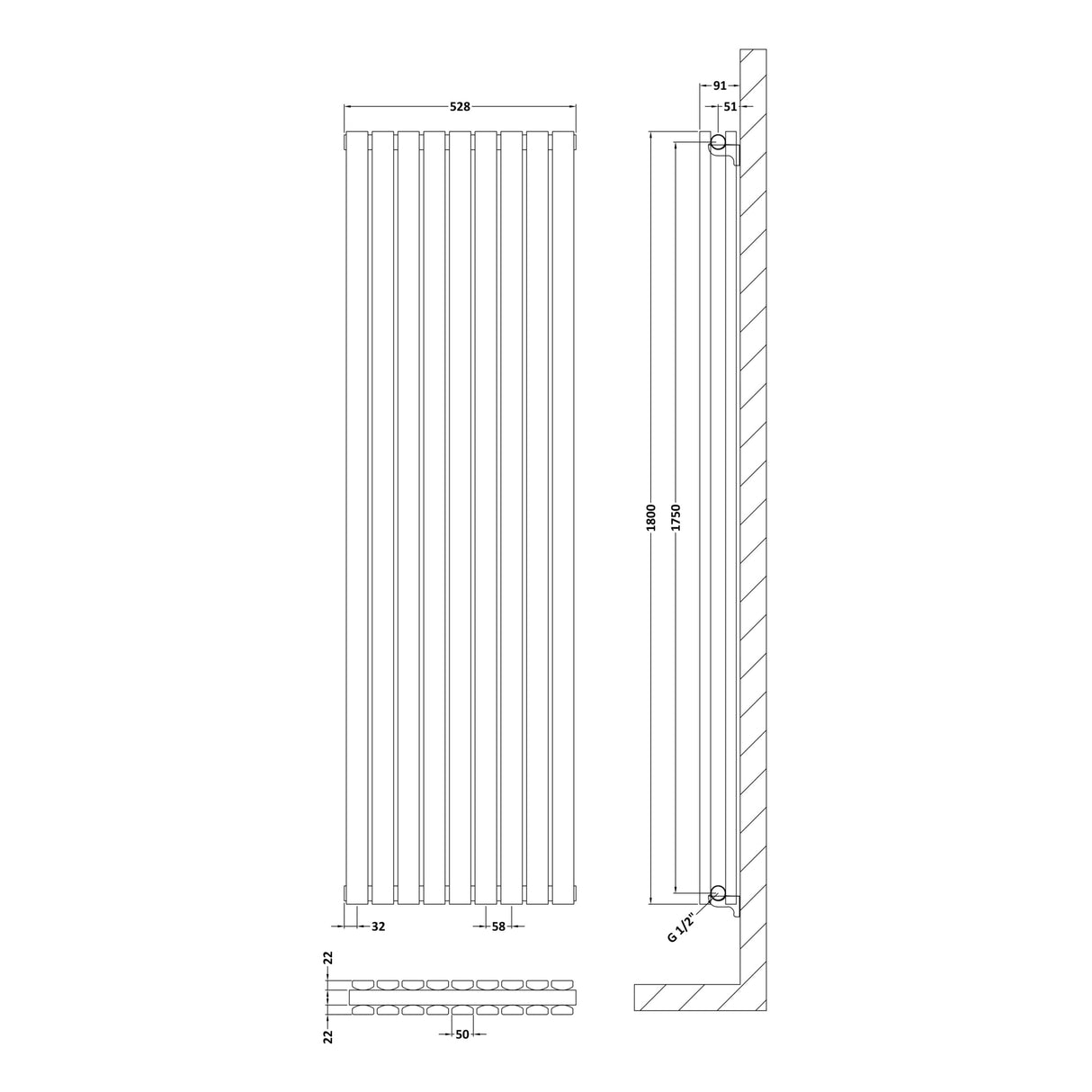 Nuie Sloane Designer Vertical Double Panel Radiator H1800 x W528mm Satin White HLW47D LD