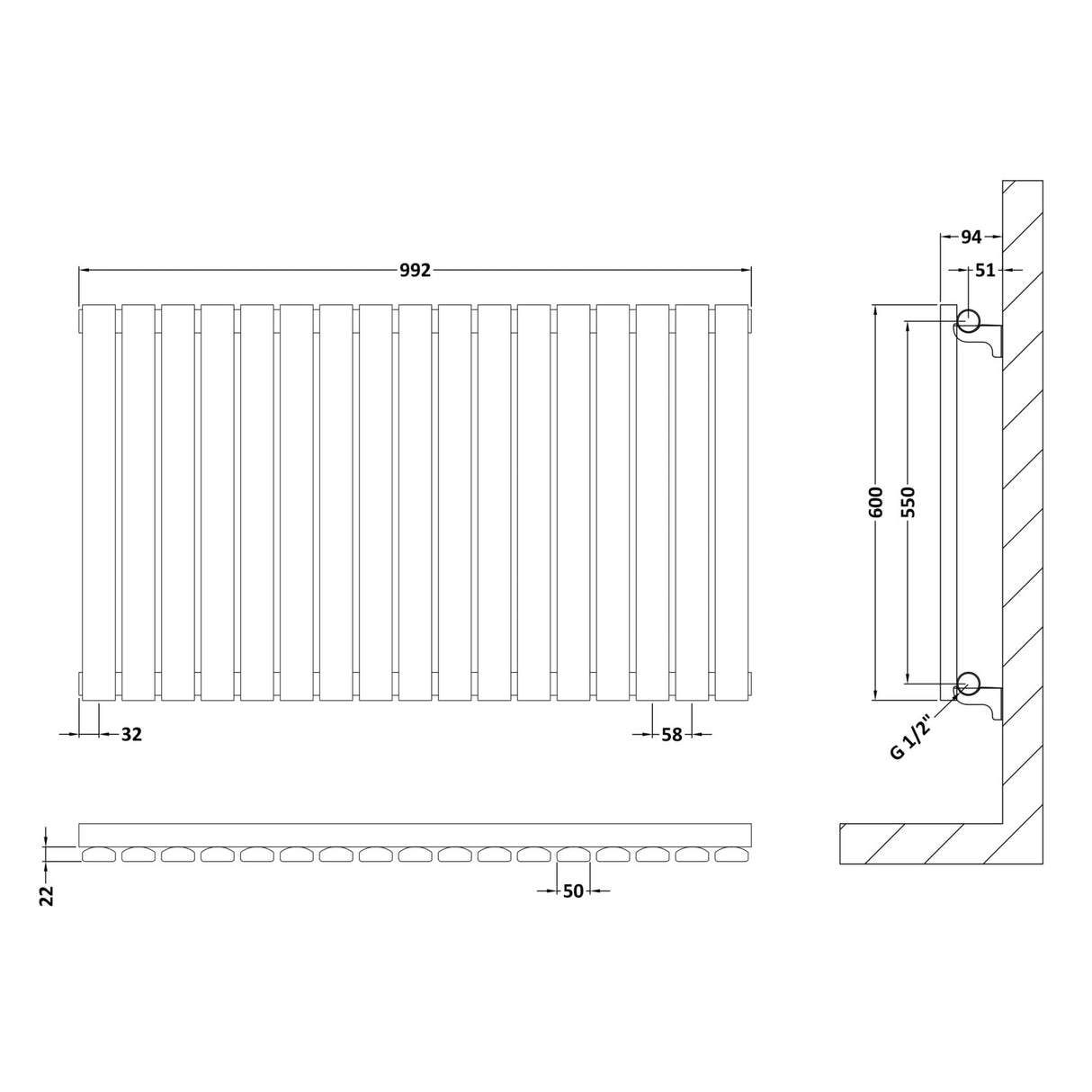 Nuie Sloane Designer Horizontal Single Panel Radiator H600 x W992mm Satin White HLW56 LD