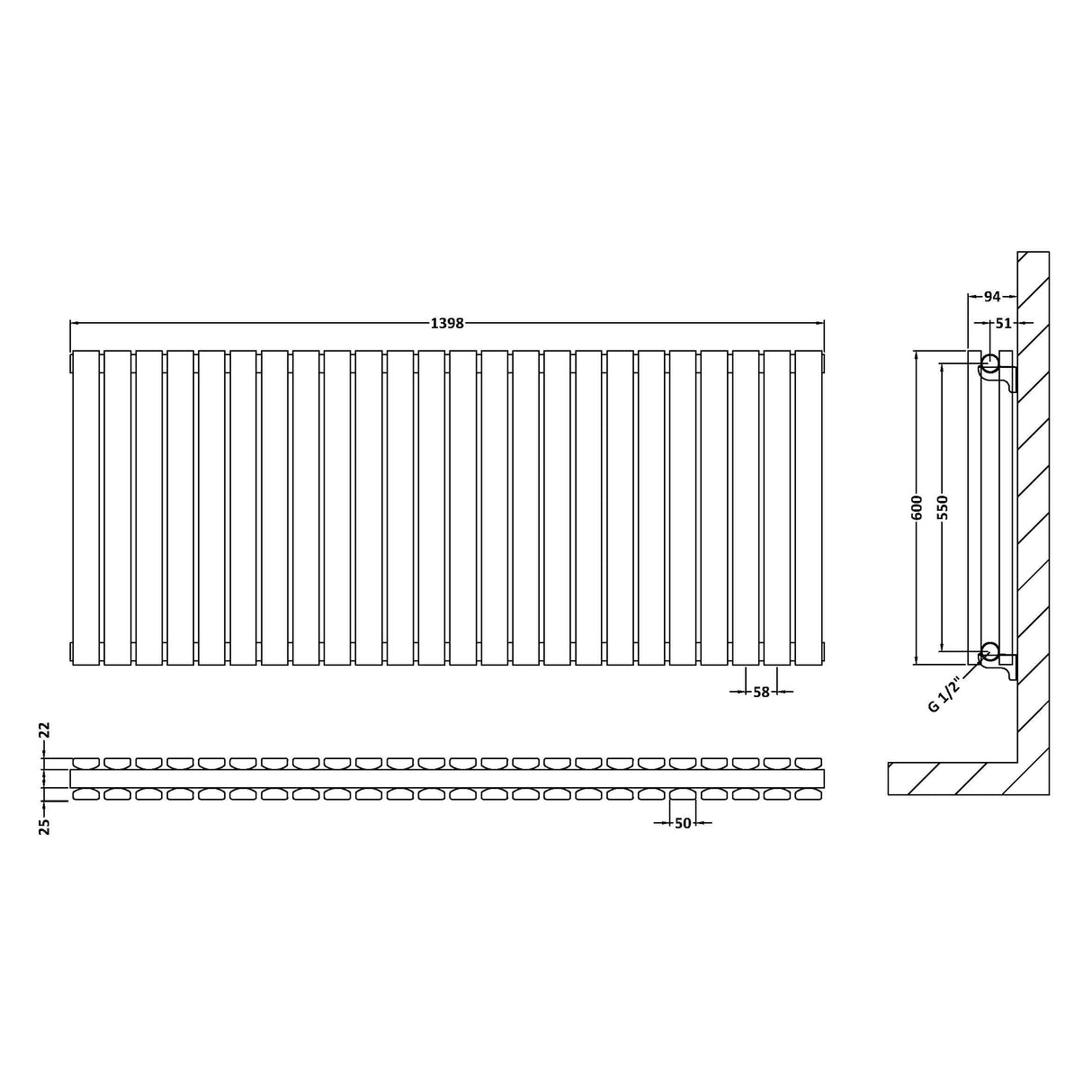 Nuie Sloane Designer Horizontal Double Panel Radiator H600 x W1398mm Satin White HLW59D LD