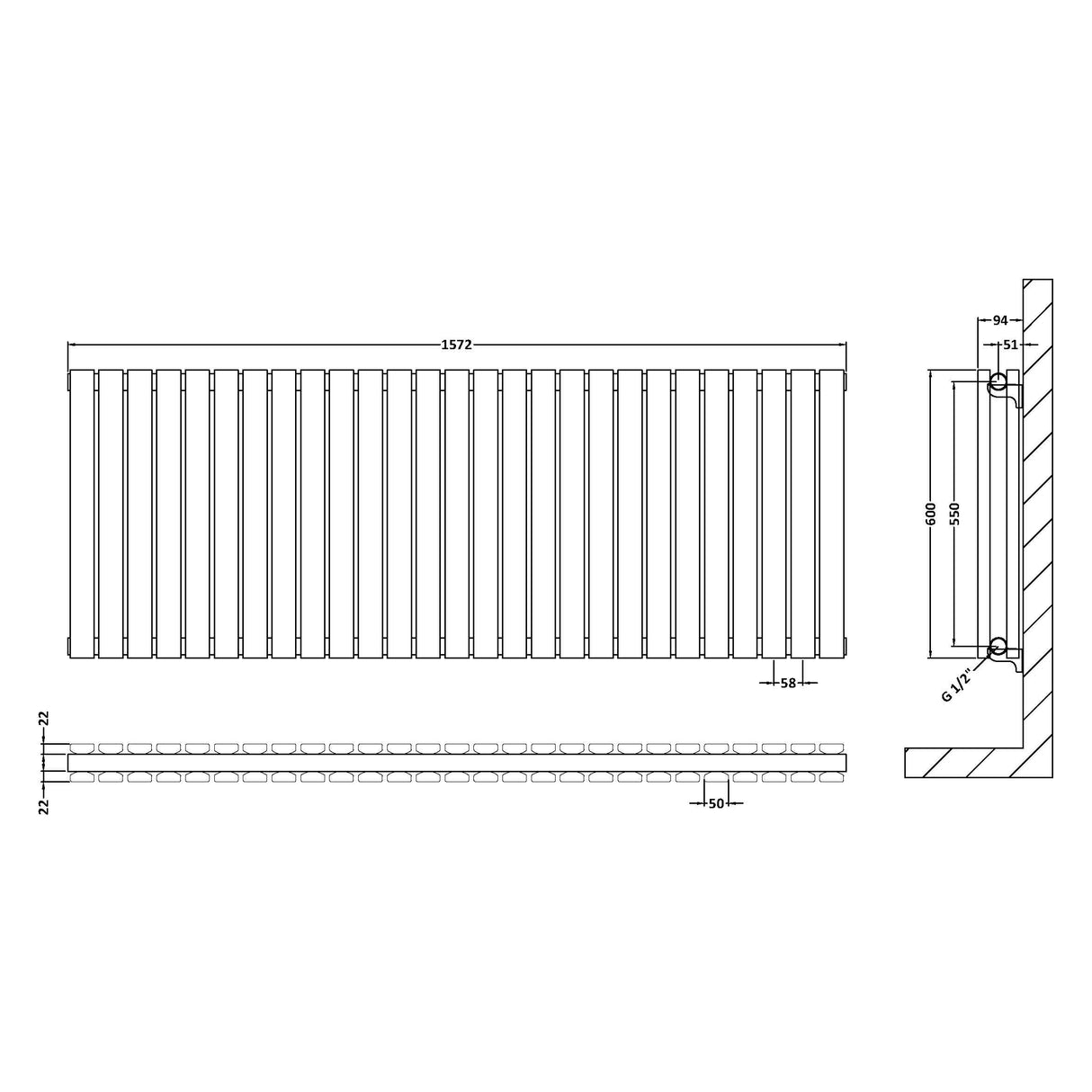 Nuie Sloane Designer Horizontal Double Panel Radiator H600 x W1572mm Satin White HLW60D LD
