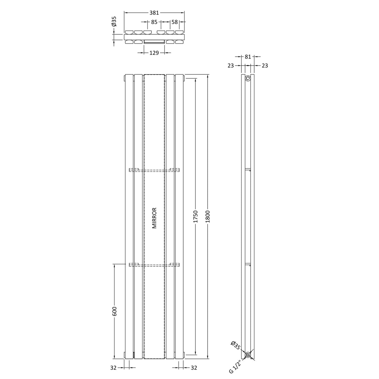 Nuie Sloane Designer Vertical Double Panel Radiator With Mirror H1800 x W381mm Satin White HLW64 LD