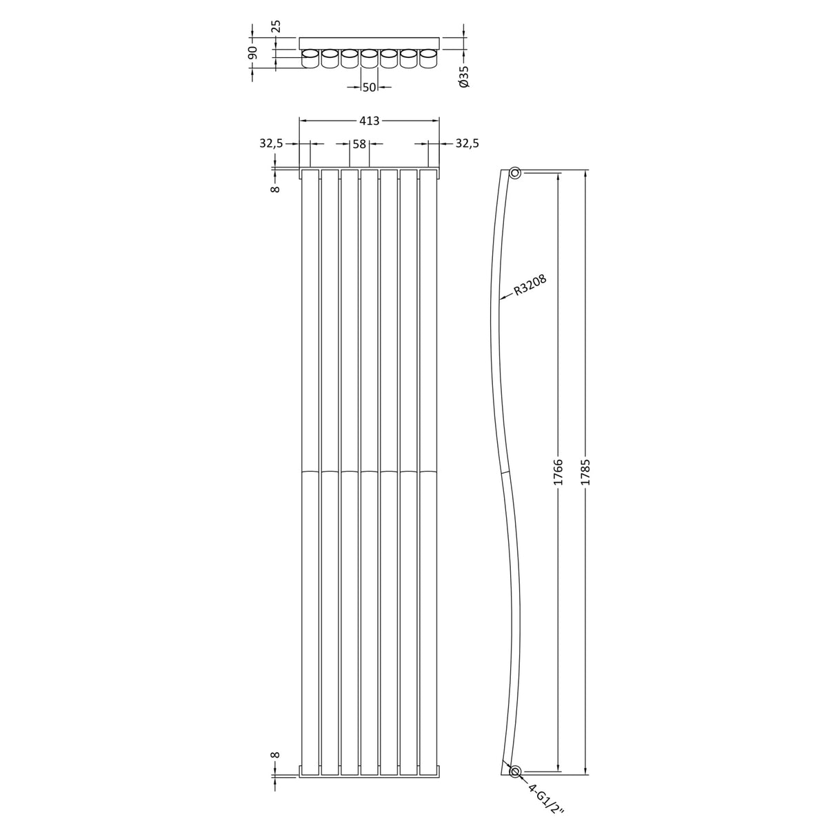 Nuie Revive Designer Vertical Single Panel Radiator With Wave Design H1785 x W413mm Gloss White HLW95 LD