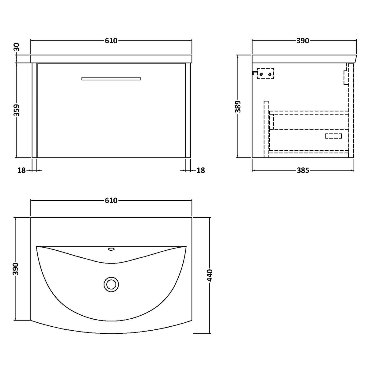 Hudson Reed Juno 600mm Wall Hung Vanity Unit & Basin, 1 Drawer Graphite Grey JNU2222G LD