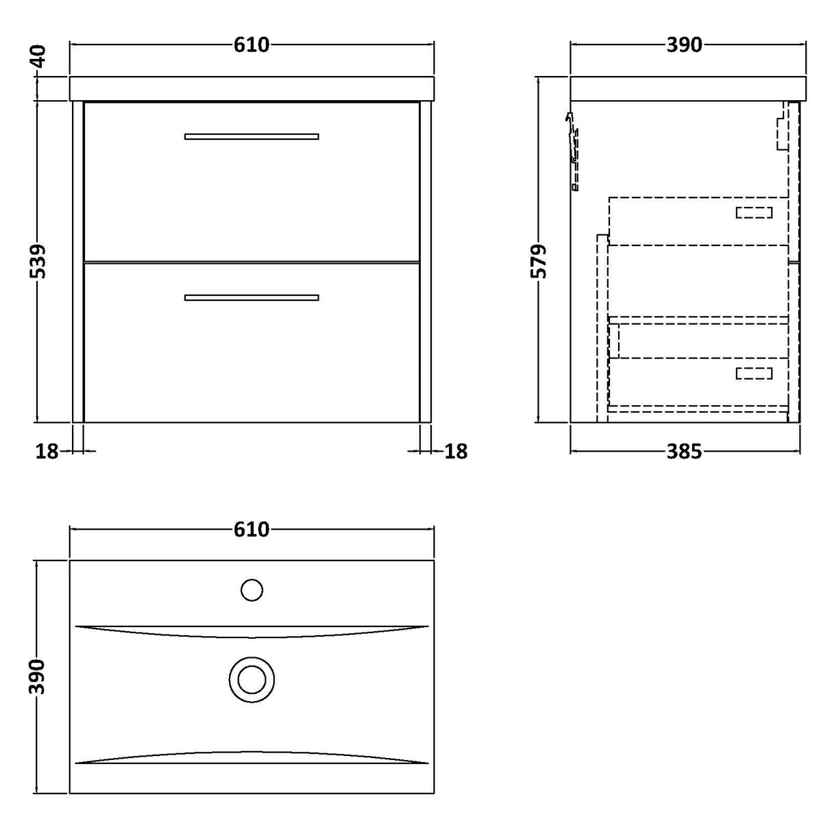 Hudson Reed Juno 600mm Wall Hung Vanity Unit & Basin, 2 Drawers Graphite Grey JNU2224A LD