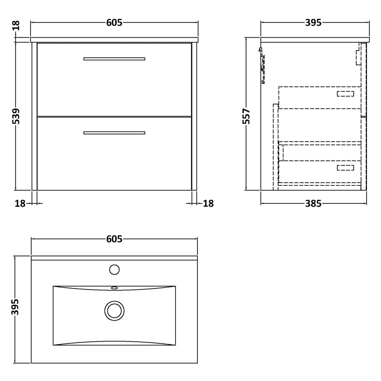Hudson Reed Juno 600mm Wall Hung Vanity Unit & Basin, 2 Drawers Graphite Grey JNU2224B LD