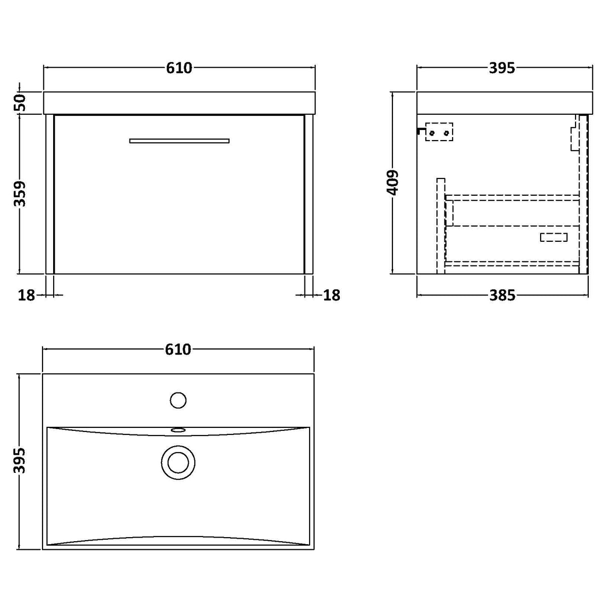 Hudson Reed Juno 600mm Wall Hung Vanity Unit & Basin, 1 Drawer Coastal Grey JNU2322D LD