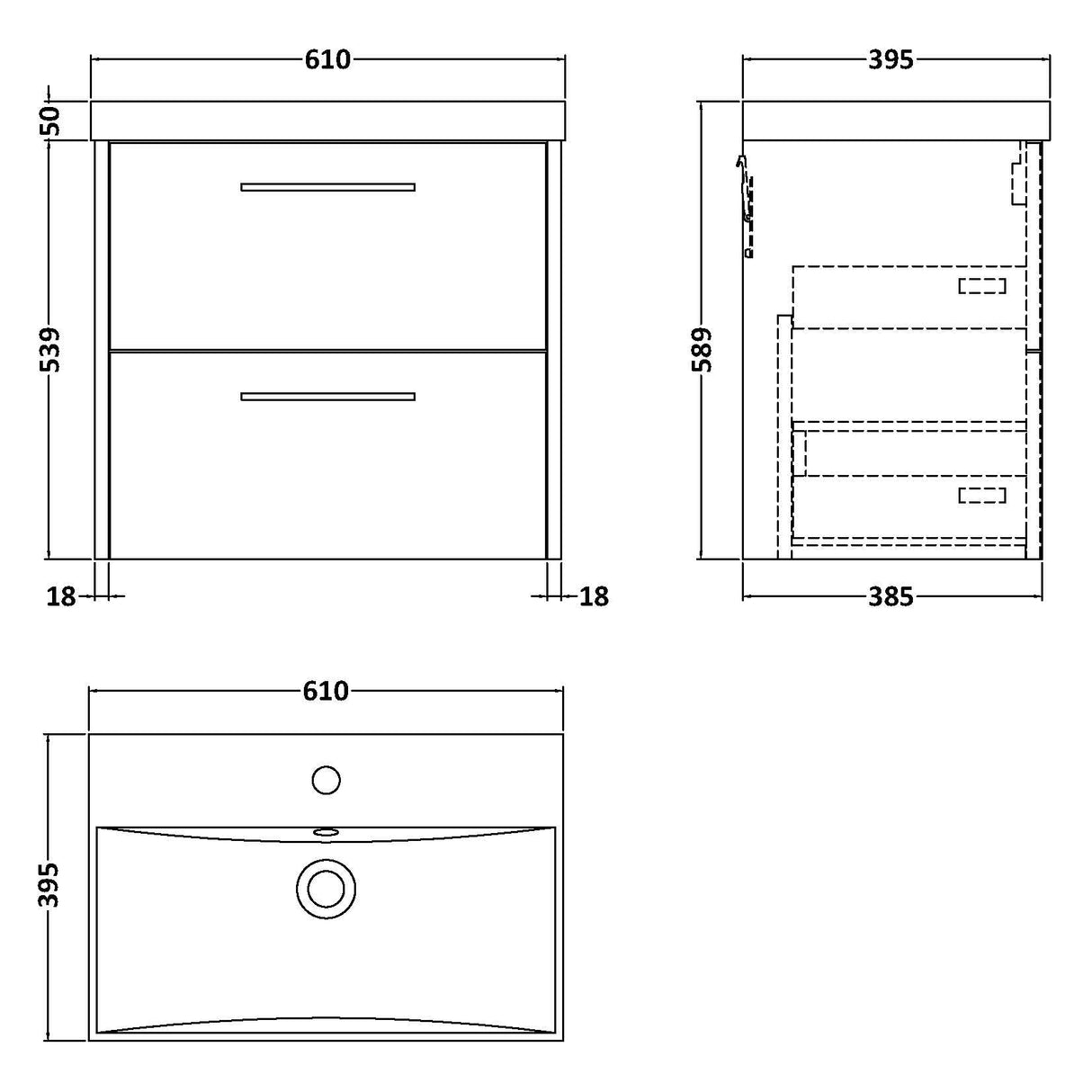Hudson Reed Juno 600mm Wall Hung Vanity Unit & Basin, 2 Drawers Coastal Grey JNU2324D LD
