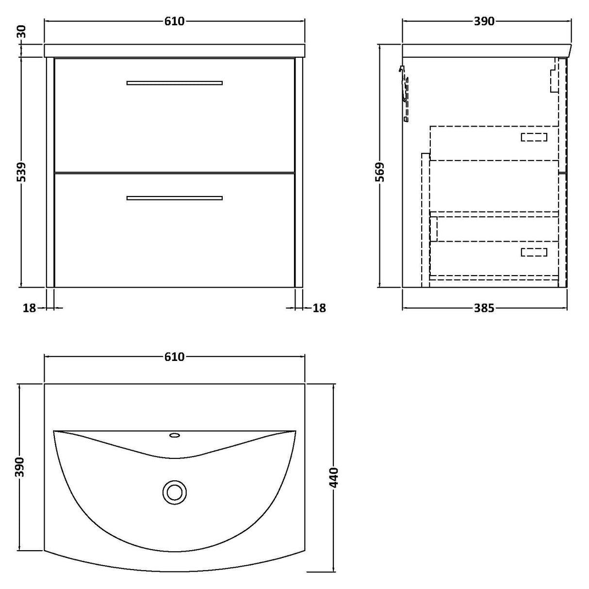 Hudson Reed Juno 600mm Wall Hung Vanity Unit & Basin, 2 Drawers Coastal Grey JNU2324G LD