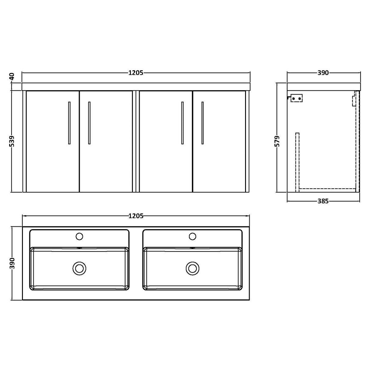 Hudson Reed Juno 1200mm Wall Hung Double Basin Vanity Unit & Basin, 4 Doors Metallic Slate JNU2623C LD