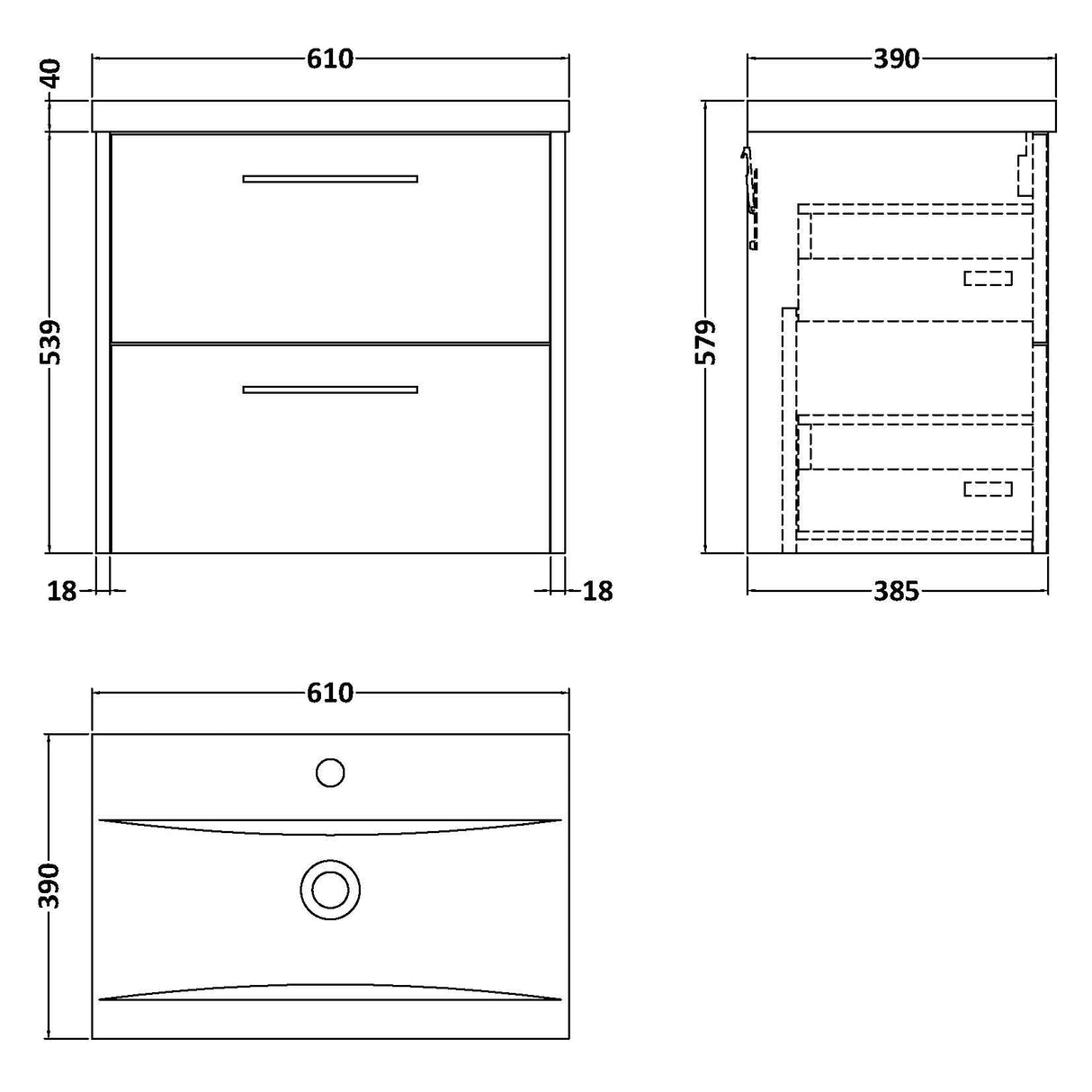 Hudson Reed Juno 600mm Wall Hung Vanity Unit & Basin, 2 Drawers Metallic Slate JNU2624A LD