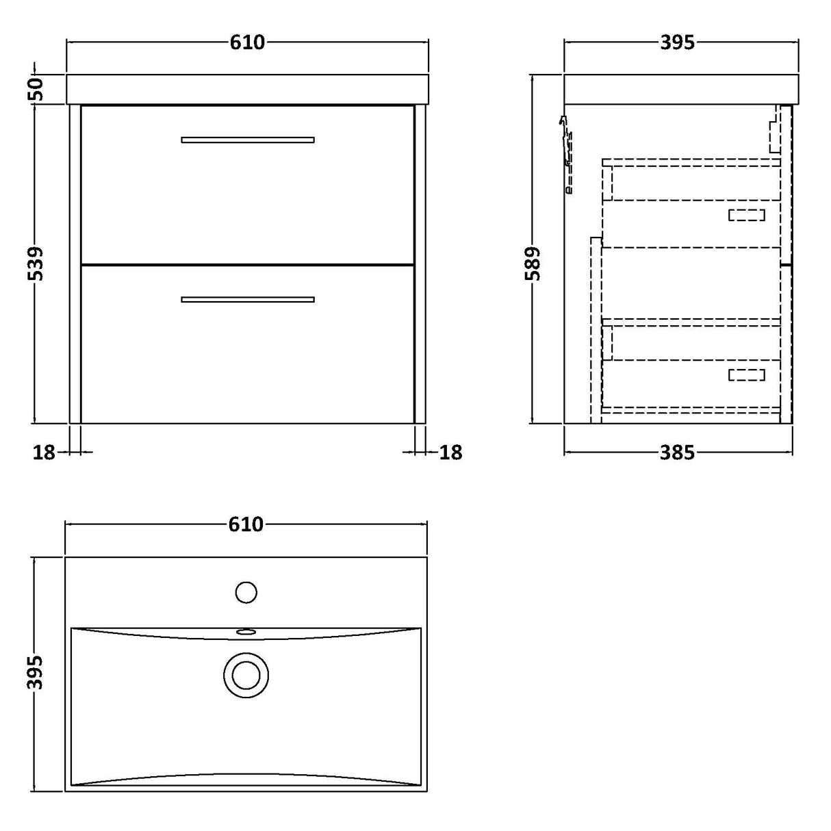 Hudson Reed Juno 600mm Wall Hung Vanity Unit & Basin, 2 Drawers Metallic Slate JNU2624D LD