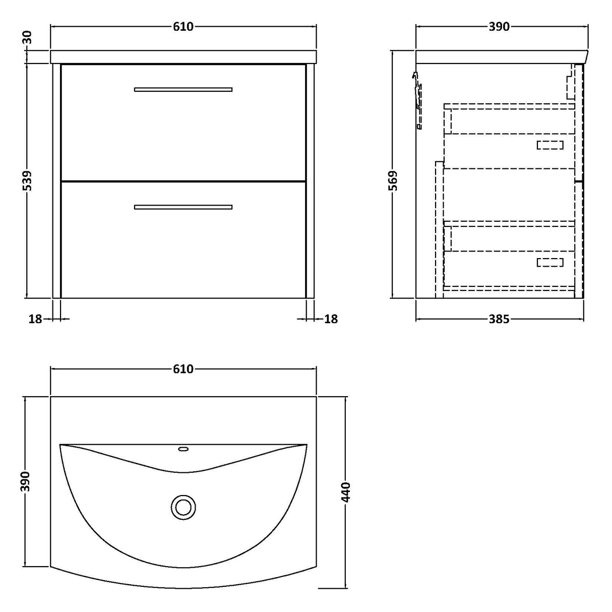Hudson Reed Juno 600mm Wall Hung Vanity Unit & Basin, 2 Drawers Metallic Slate JNU2624G LD