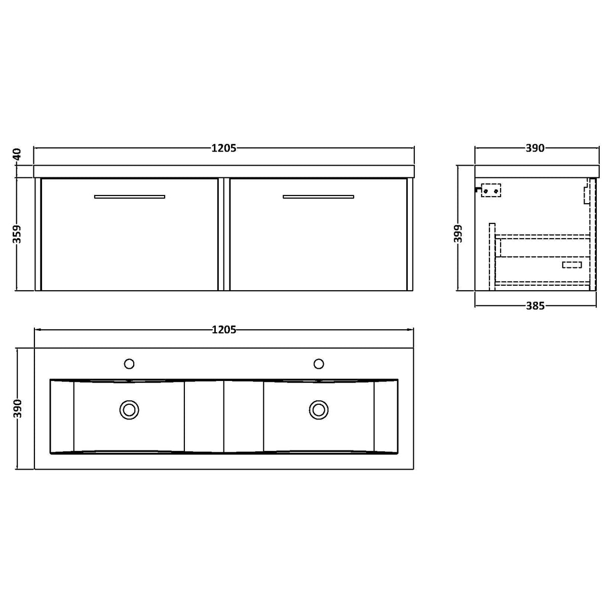 Hudson Reed Juno 1200mm Wall Hung Double Basin Vanity Unit & Basin, 2 Drawers Midnight Blue JNU2922F LD