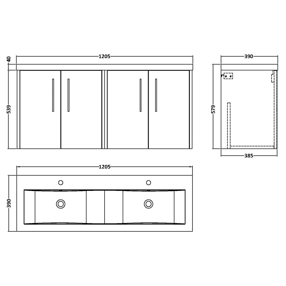 Hudson Reed Juno 1200mm Wall Hung Double Basin Vanity Unit & Basin, 4 Doors Midnight Blue JNU2923F LD