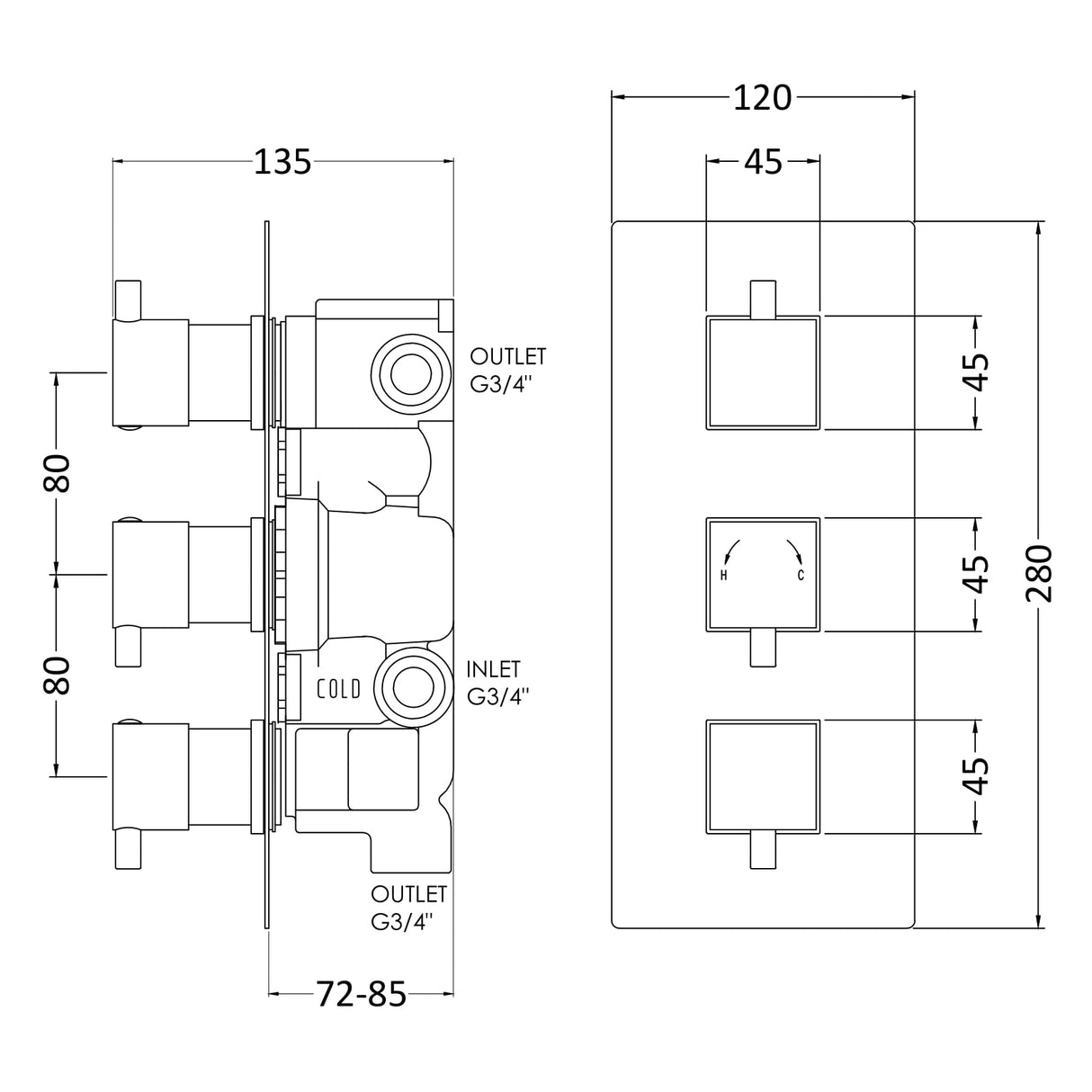 Nuie Square 3 Outlet Thermostatic Concealed Shower Valve With Diverter Chrome JTY311 LD