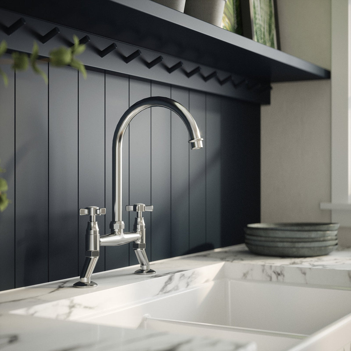 Astini Victoria Twin Crosshead Kitchen Sink Bridge Mixer Tap