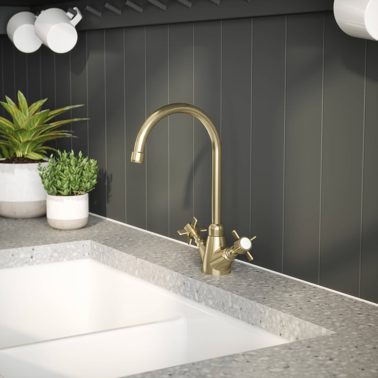 Nuie Traditional Two Handled Crosshead Mono Kitchen Mixer Tap Brushed Brass KB803 LS2