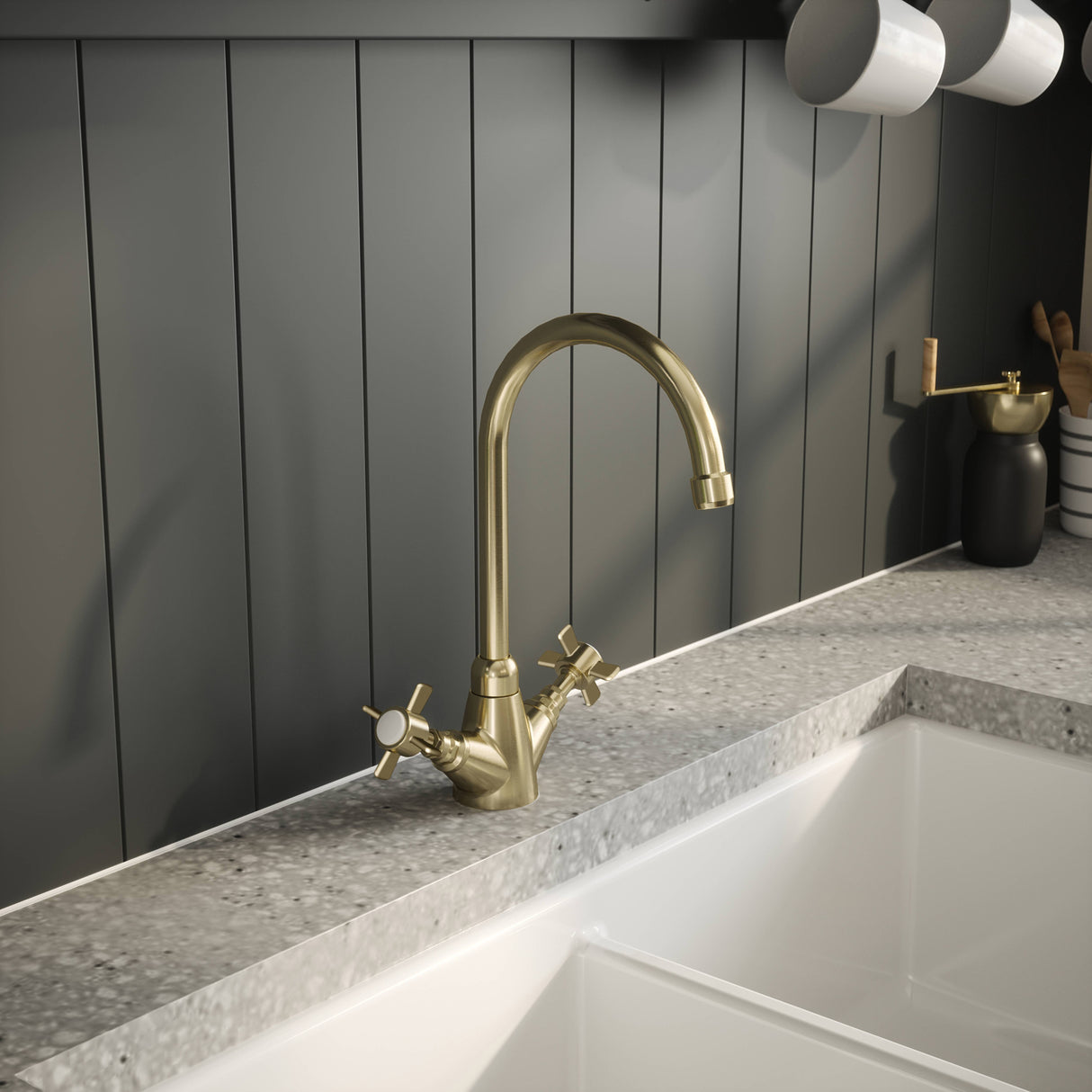 Nuie Traditional Two Handled Crosshead Mono Kitchen Mixer Tap Brushed Brass KB803 LS3