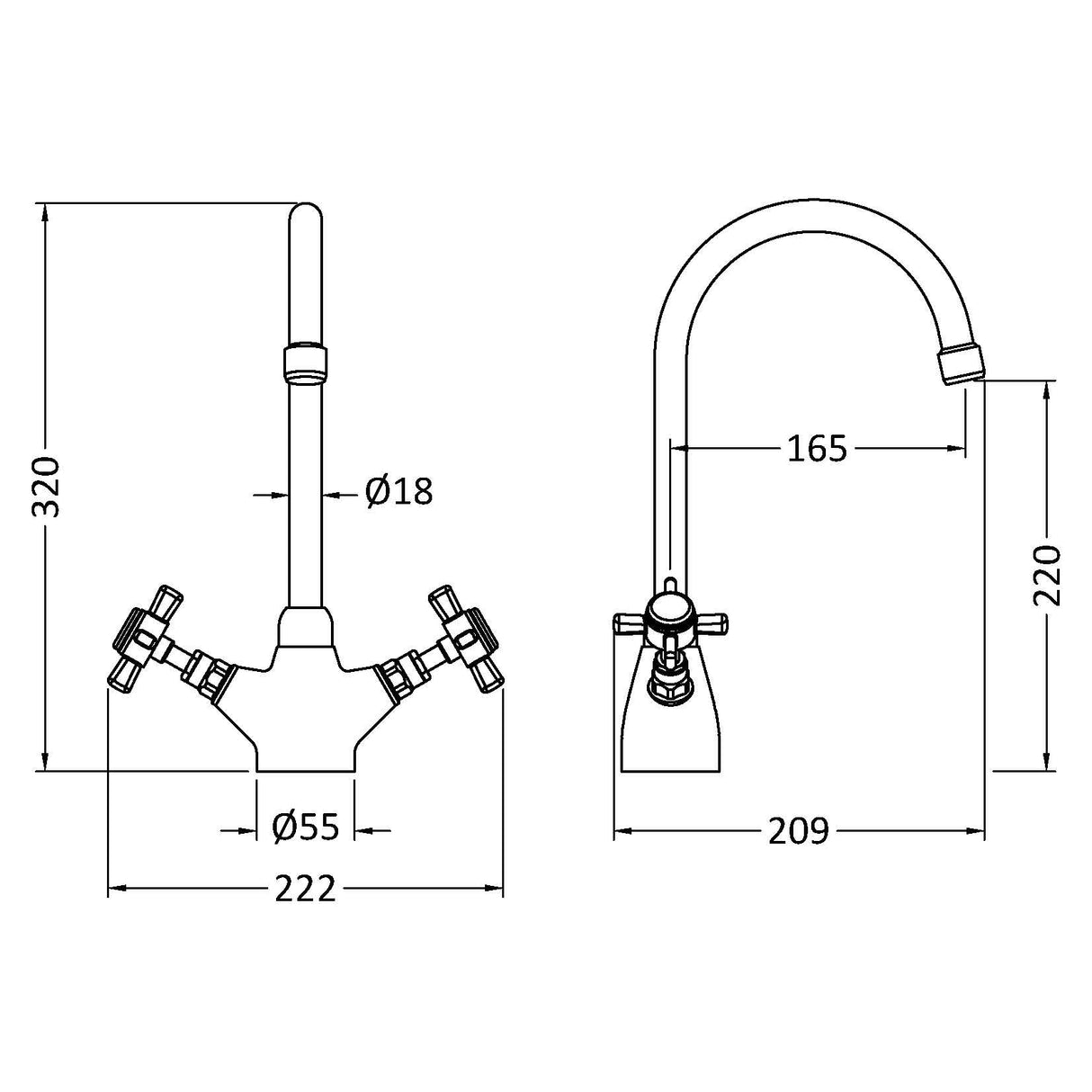 Nuie Traditional Two Handled Crosshead Mono Kitchen Mixer Tap Brushed Brass KB803 LD