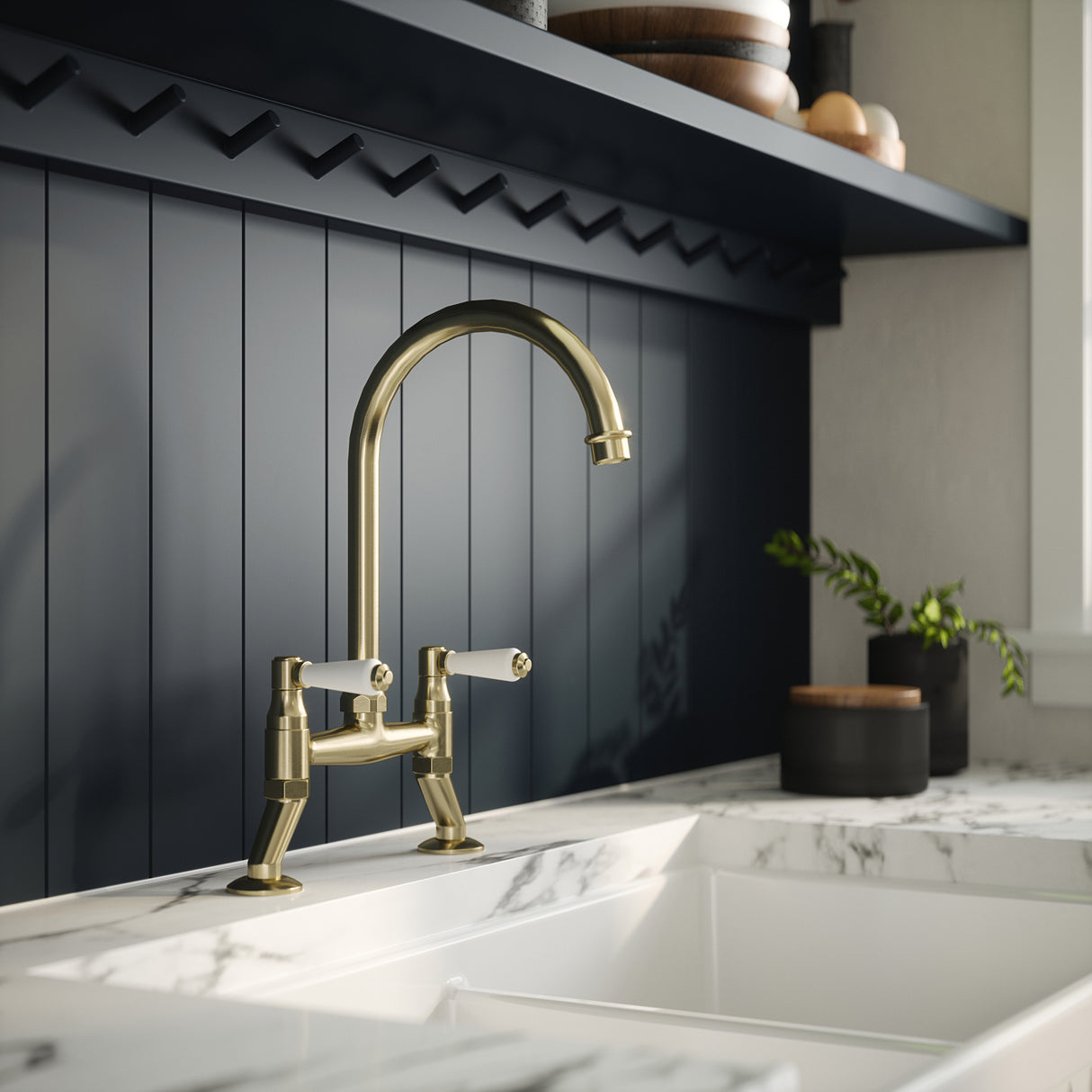 Nuie Traditional Bridge Style Twin Lever Kitchen Mixer Tap Brushed Brass KB817 LS1