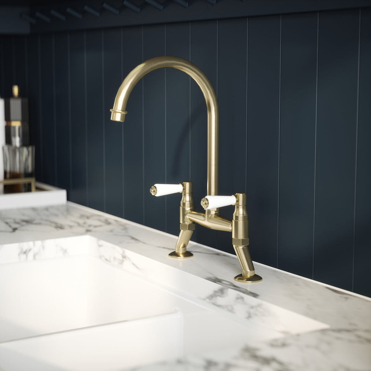 Nuie Traditional Bridge Style Twin Lever Kitchen Mixer Tap Brushed Brass KB817 LS2