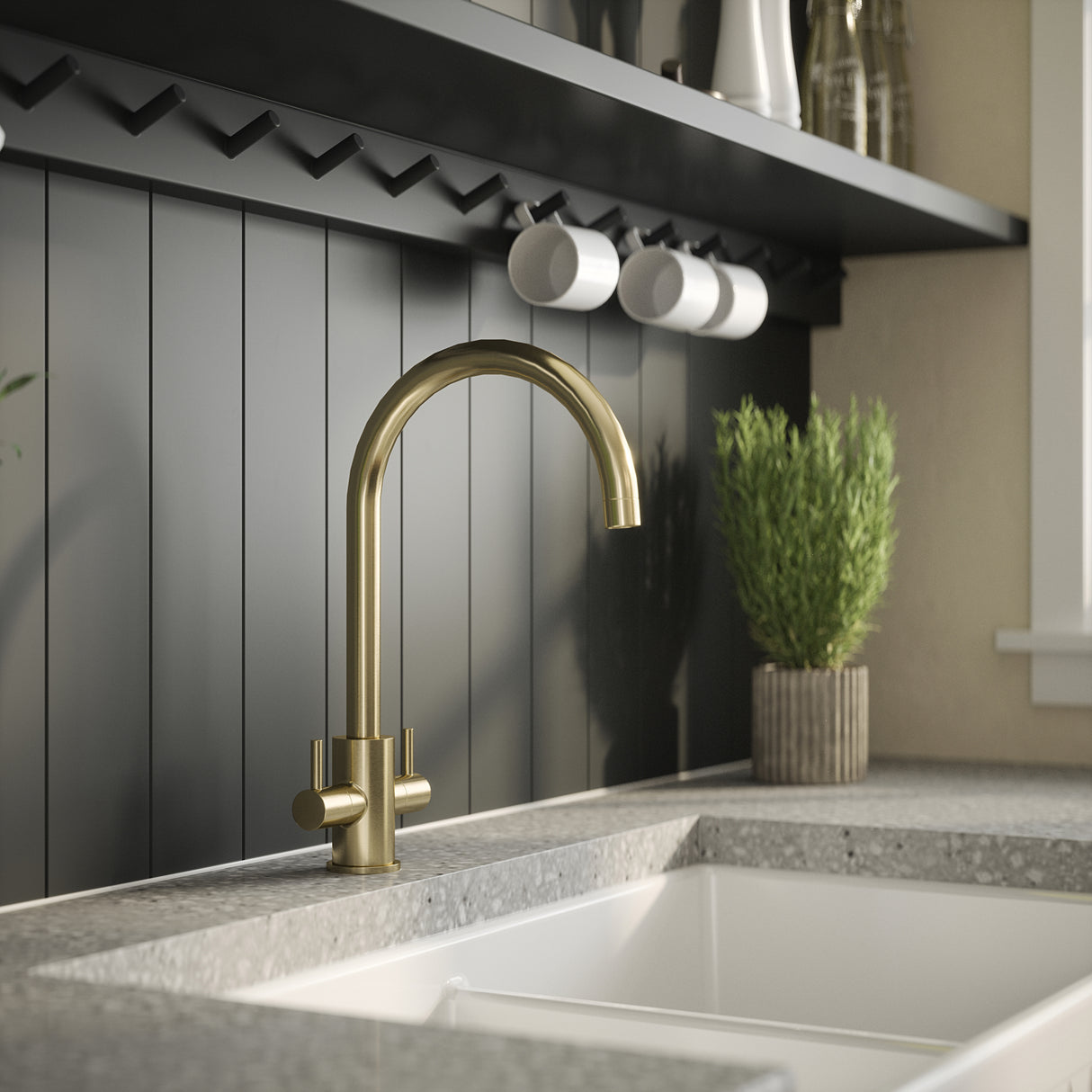 Nuie Lachen Dual Lever Kitchen Mixer Tap Brushed Brass KLA805DL LS1