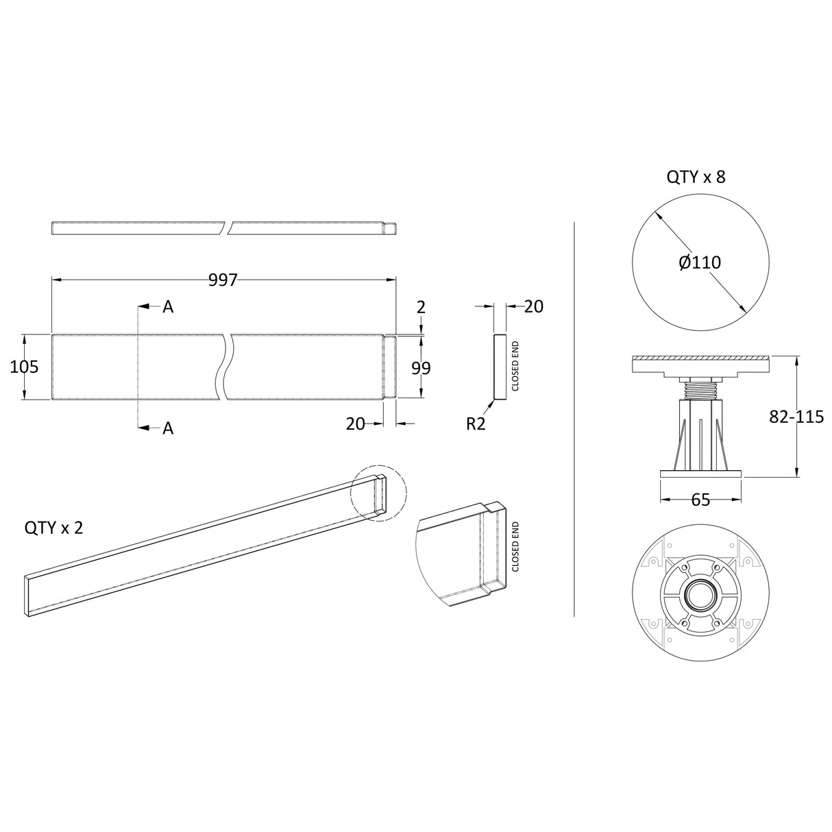 Nuie Leg & Plinth Set For 1000mm Square & Rectangular Trays Grey Slate LEG2S LD