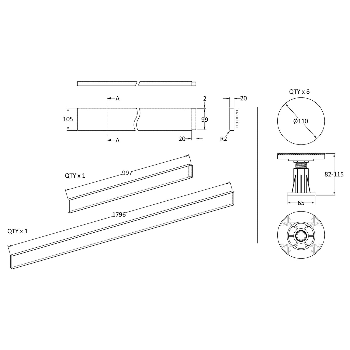 Nuie Leg & Plinth Set For 1100-1200mm Rectangular Trays Grey Slate LEG3S LD