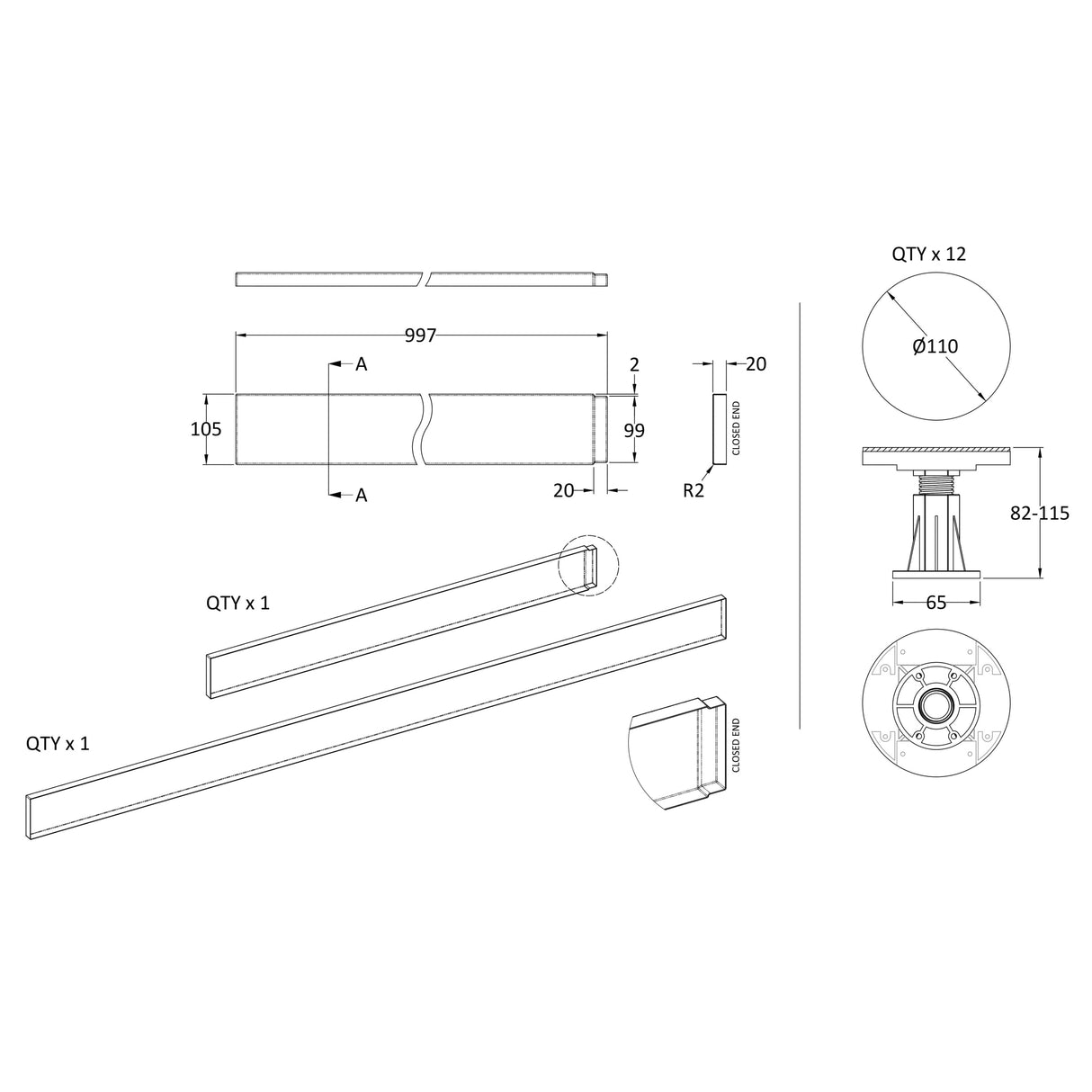 Nuie Leg & Plinth Set For 1300-1800mm Rectangular & Walk-In Trays Grey Slate LEG4S LD