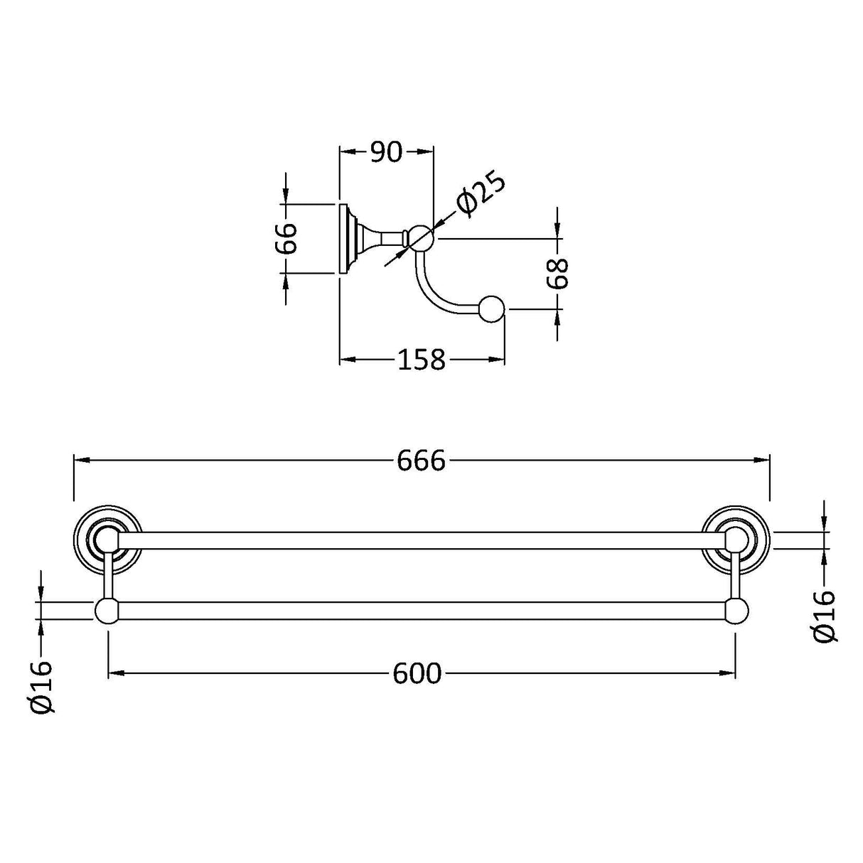 Hudson Reed Double Towel Rail 666mm Chrome LH307 LD