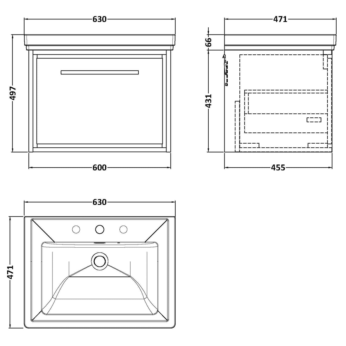 Hudson Reed Lille 600mm Wall Hung 1 Drawer Vanity Unit & Basin Graphite Grey LIL2222B LD