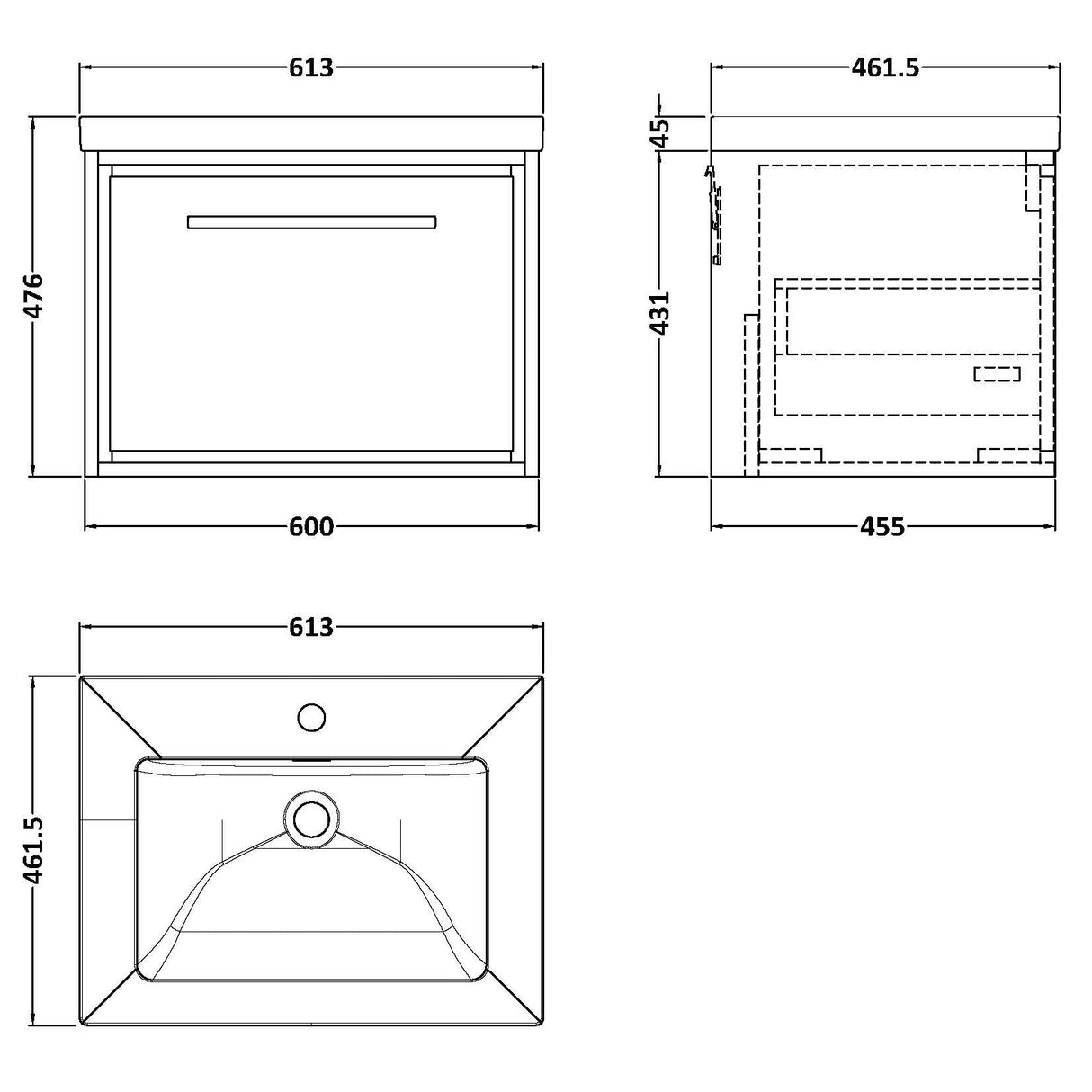 Hudson Reed Lille 600mm Wall Hung 1 Drawer Vanity Unit & Basin Graphite Grey LIL2222L LD
